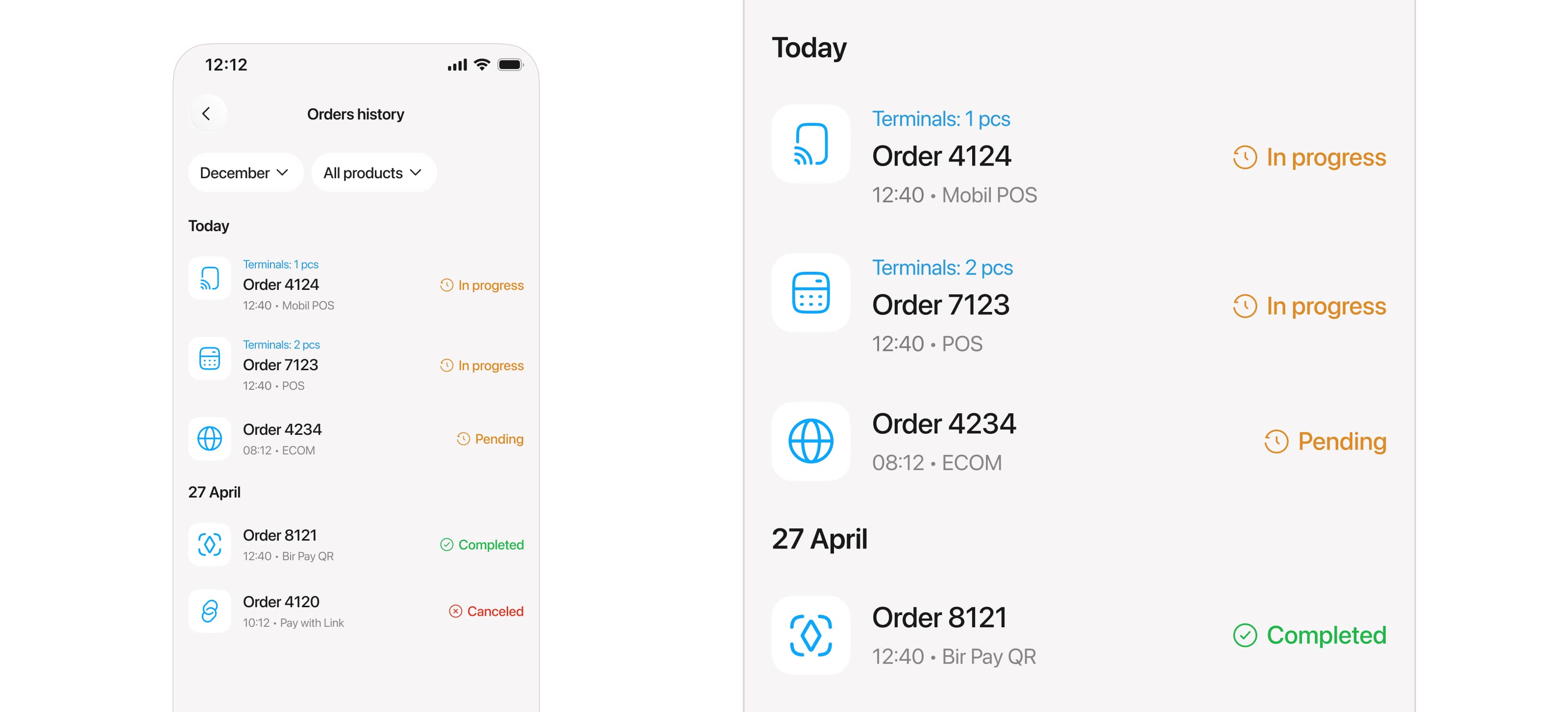 Orders history on mobile, with a detail of the list: each row carries the product icon, terminal count, order number, time, product and status — In progress, Pending, Completed or Canceled.