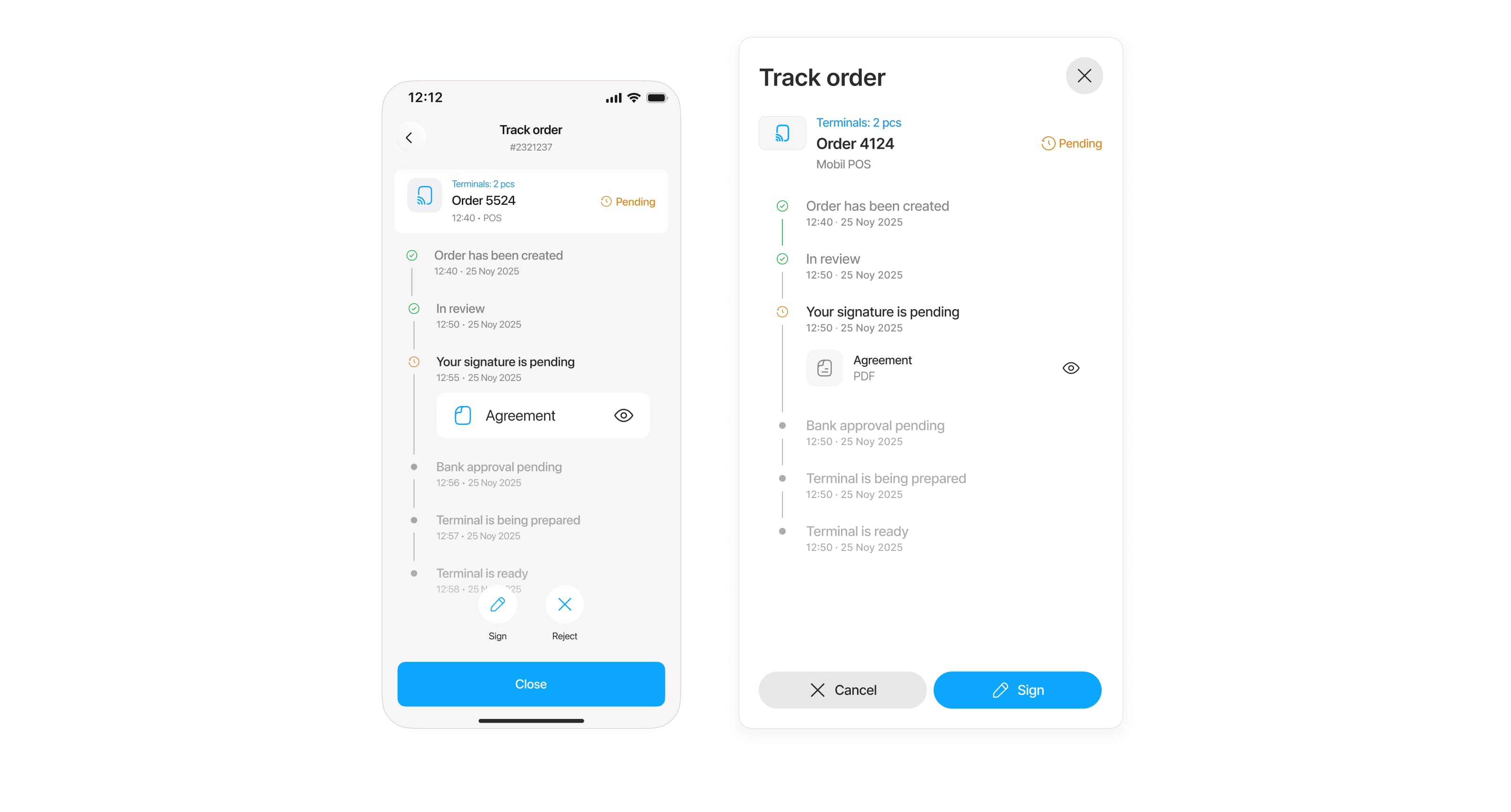 The same tracking timeline side by side: a full page on mobile with icon buttons, and a panel on web with footer buttons.