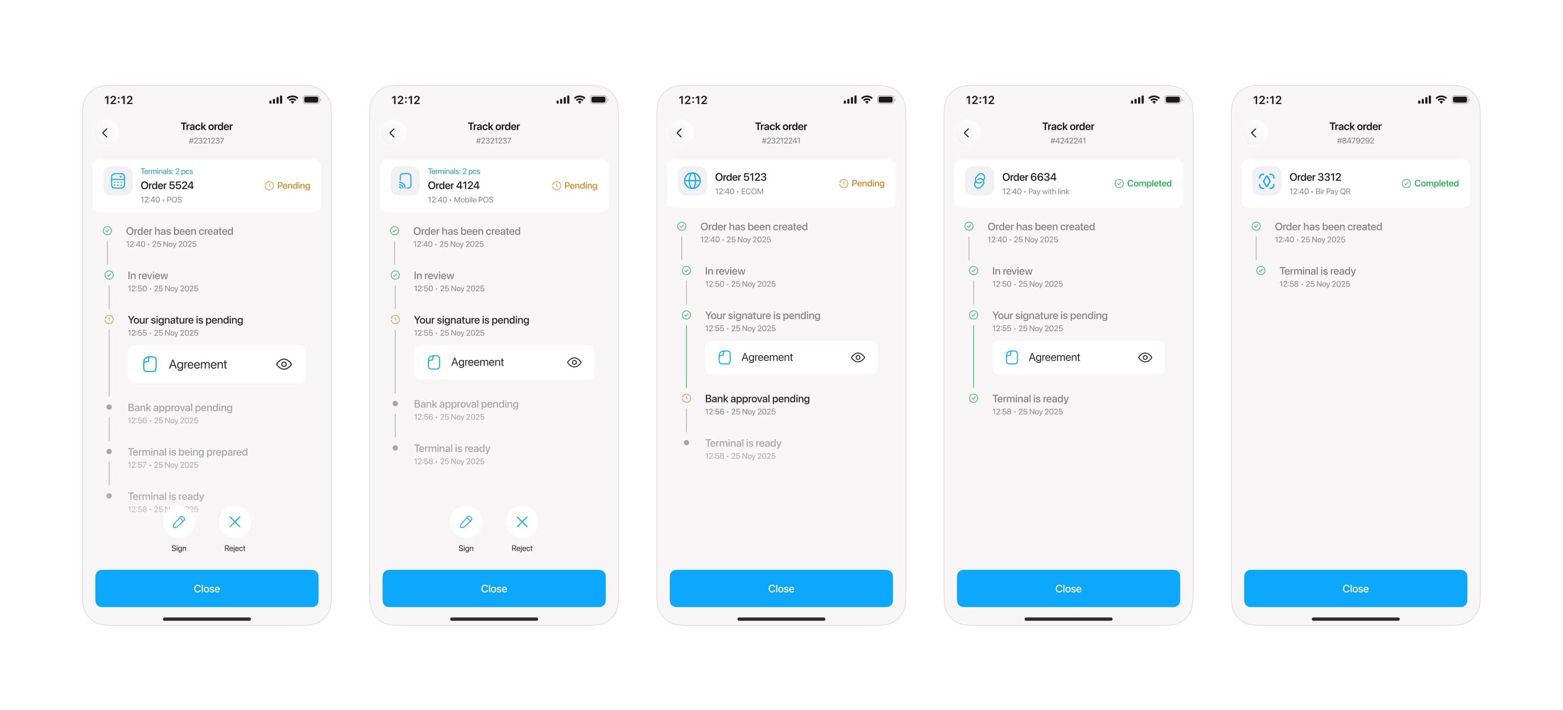 Five order-tracking screens side by side — POS, Mobile POS, E-Com, Pay with link and Bir Pay QR — each showing a different number of steps, from six down to two.