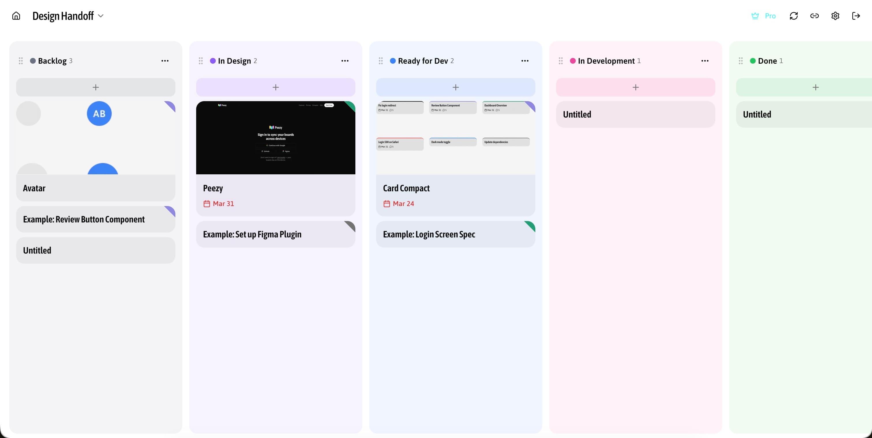 A Peezy board named Design Handoff with columns Backlog, In Design, Ready for Dev, In Development and Done; cards carry design previews and coloured type flags