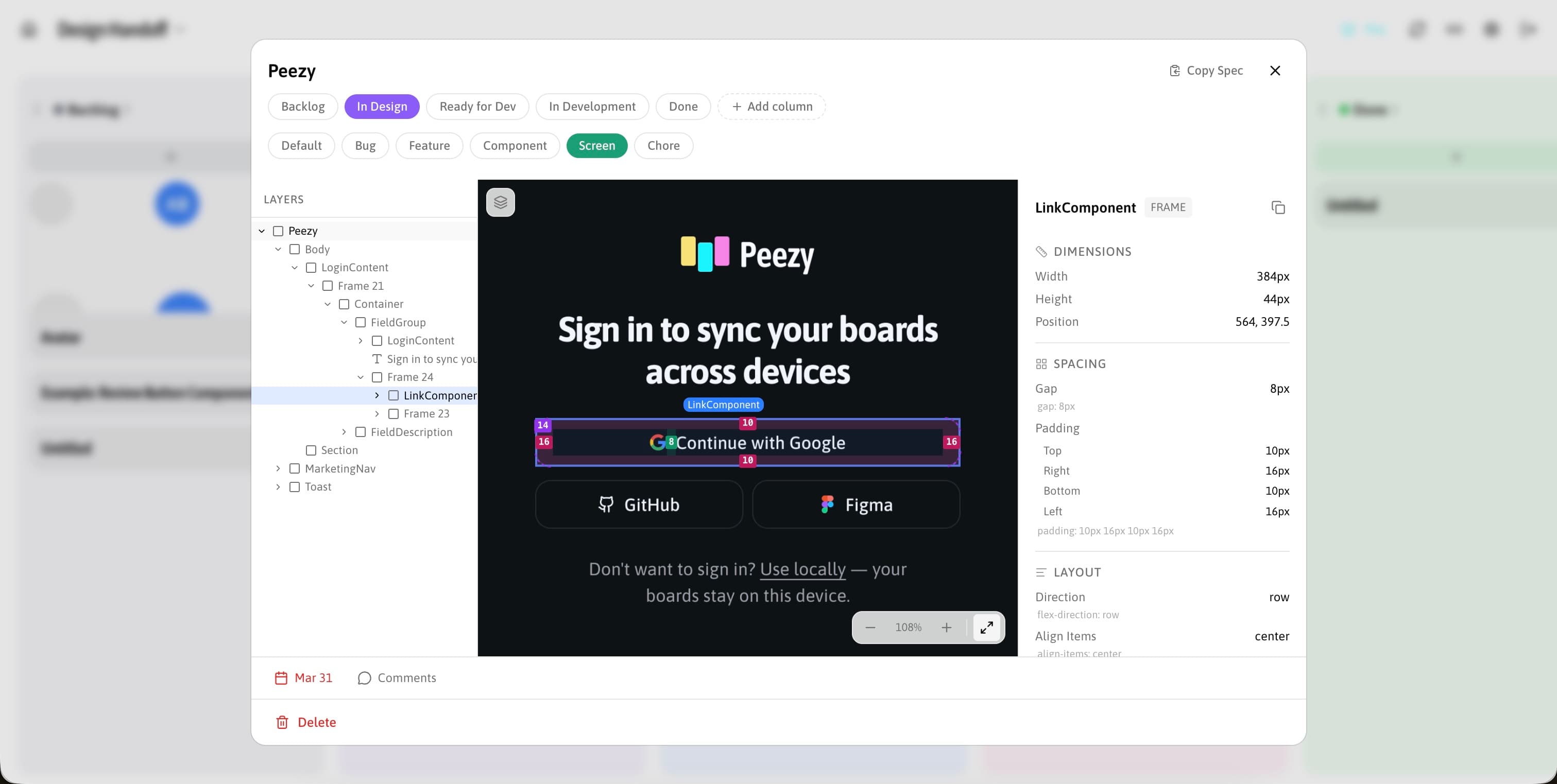 A Peezy card open in inspect mode — a layer tree drilling into a LinkComponent, the canvas with pink and green spacing annotations on a selected button, and a properties panel listing dimensions, gap, padding and flex layout with their CSS underneath