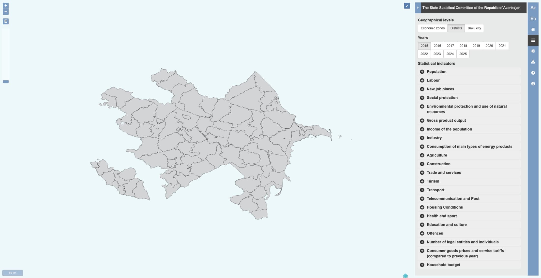 The official azstat.gov.az webmap — an unshaded grey map beside a panel of 22 collapsed indicator categories