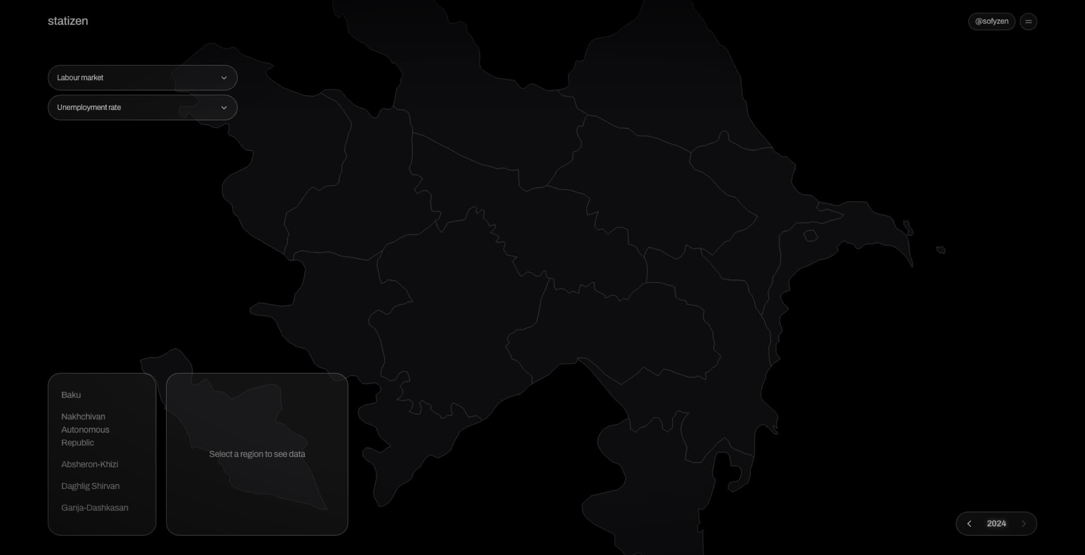 Statizen at rest — the 14 economic regions on a dark ground, with chapter and indicator selectors, the region list and the year stepper