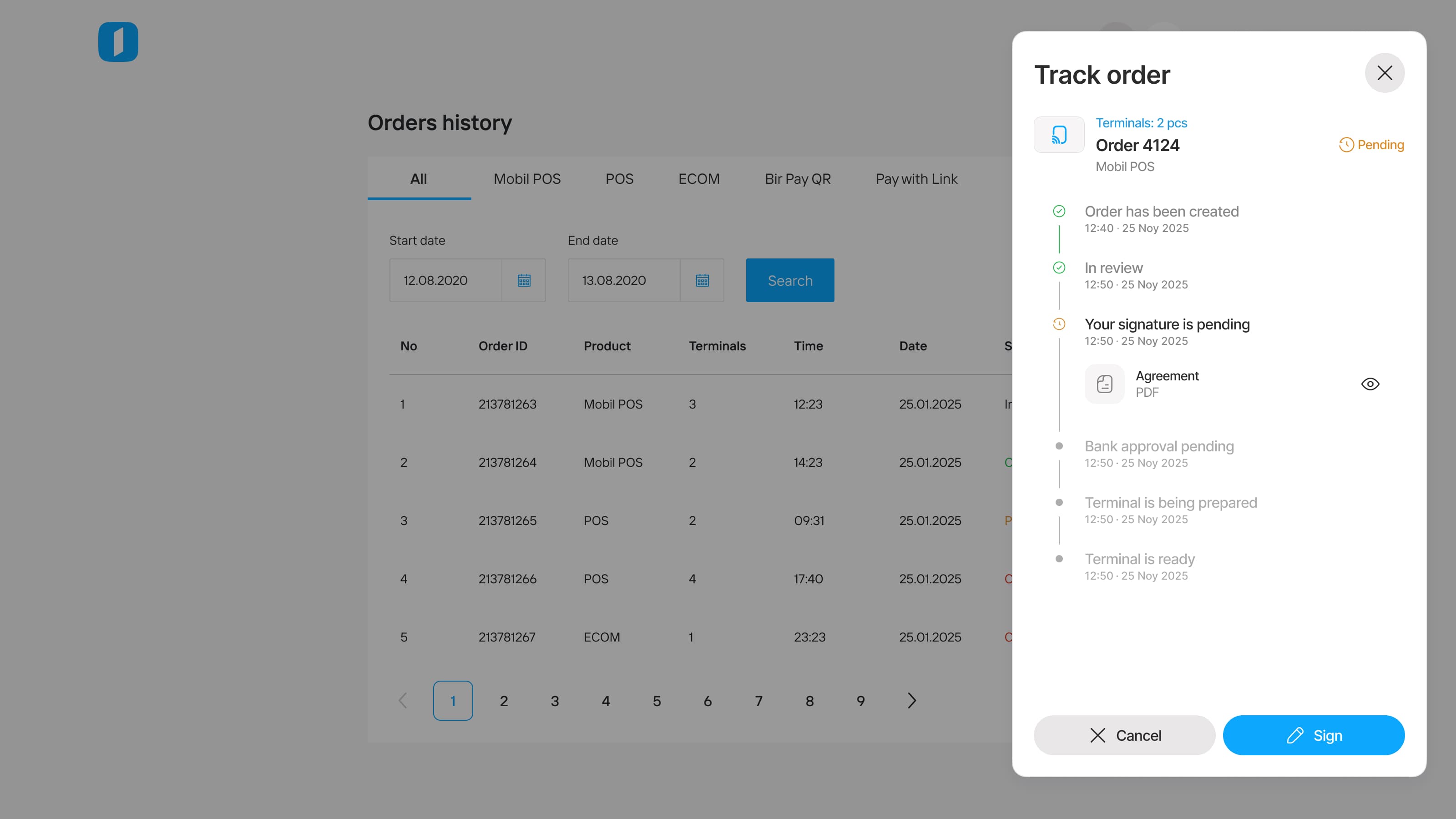 The web app: a paginated table of orders with product tabs and a date range, and the Track order panel open over it.