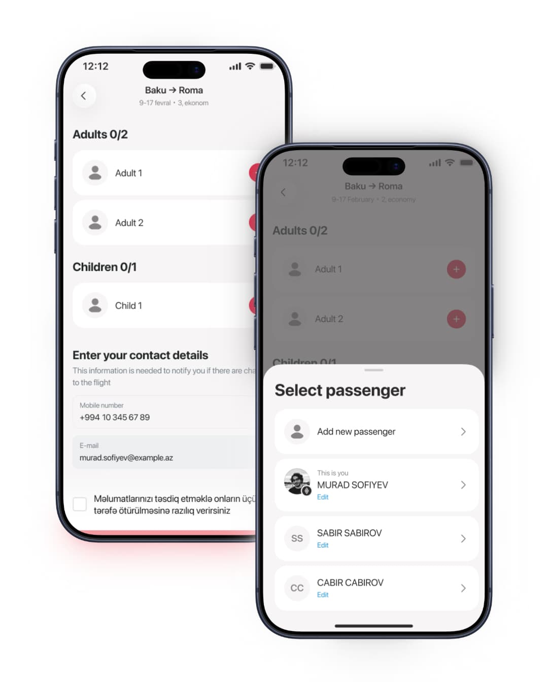 New add step: empty seat slots (Adult 1, Adult 2, Child 1) with Add buttons, and the 'Select passenger' sheet listing saved passengers and 'Add new passenger'