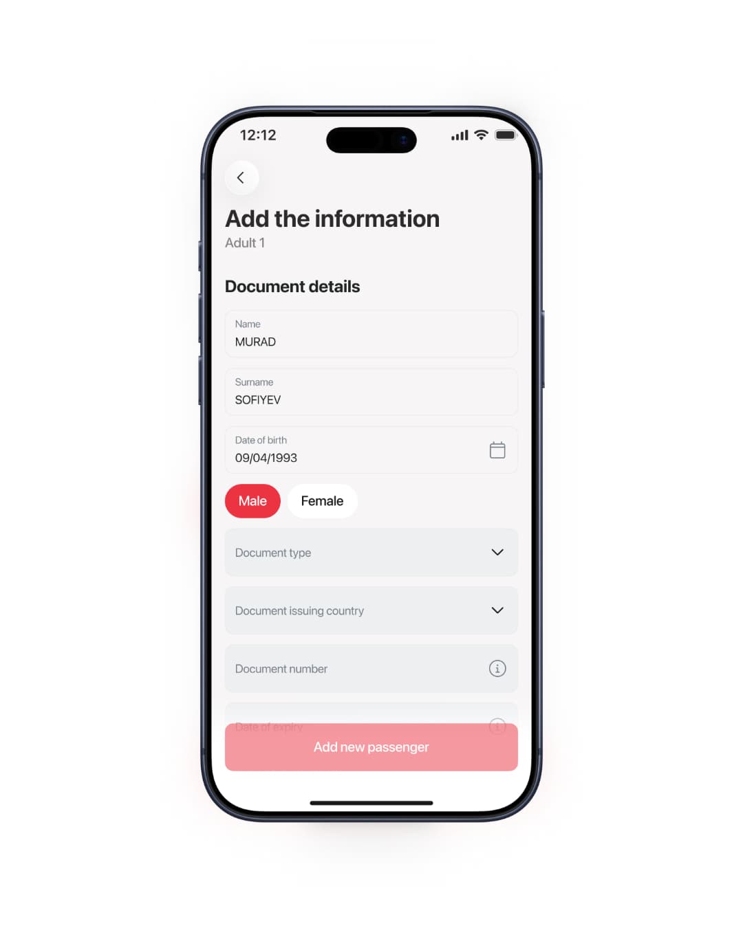 The 'Add the information' form — name, surname, date of birth, document type, issuing country and number — completed before the passenger can be added