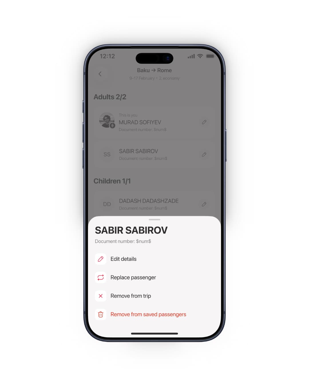 New passenger list with a passenger's action menu open — Edit details, Replace passenger, Remove from trip, Remove from saved passengers