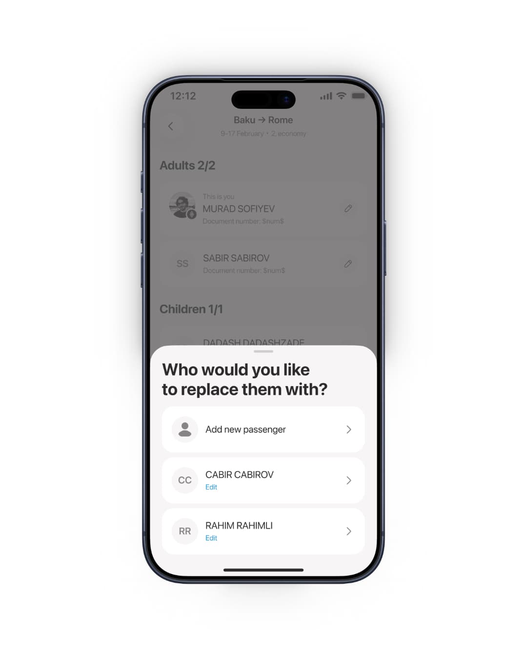 Replacing a traveller: a 'Who would you like to replace them with?' sheet listing saved passengers and Add new passenger