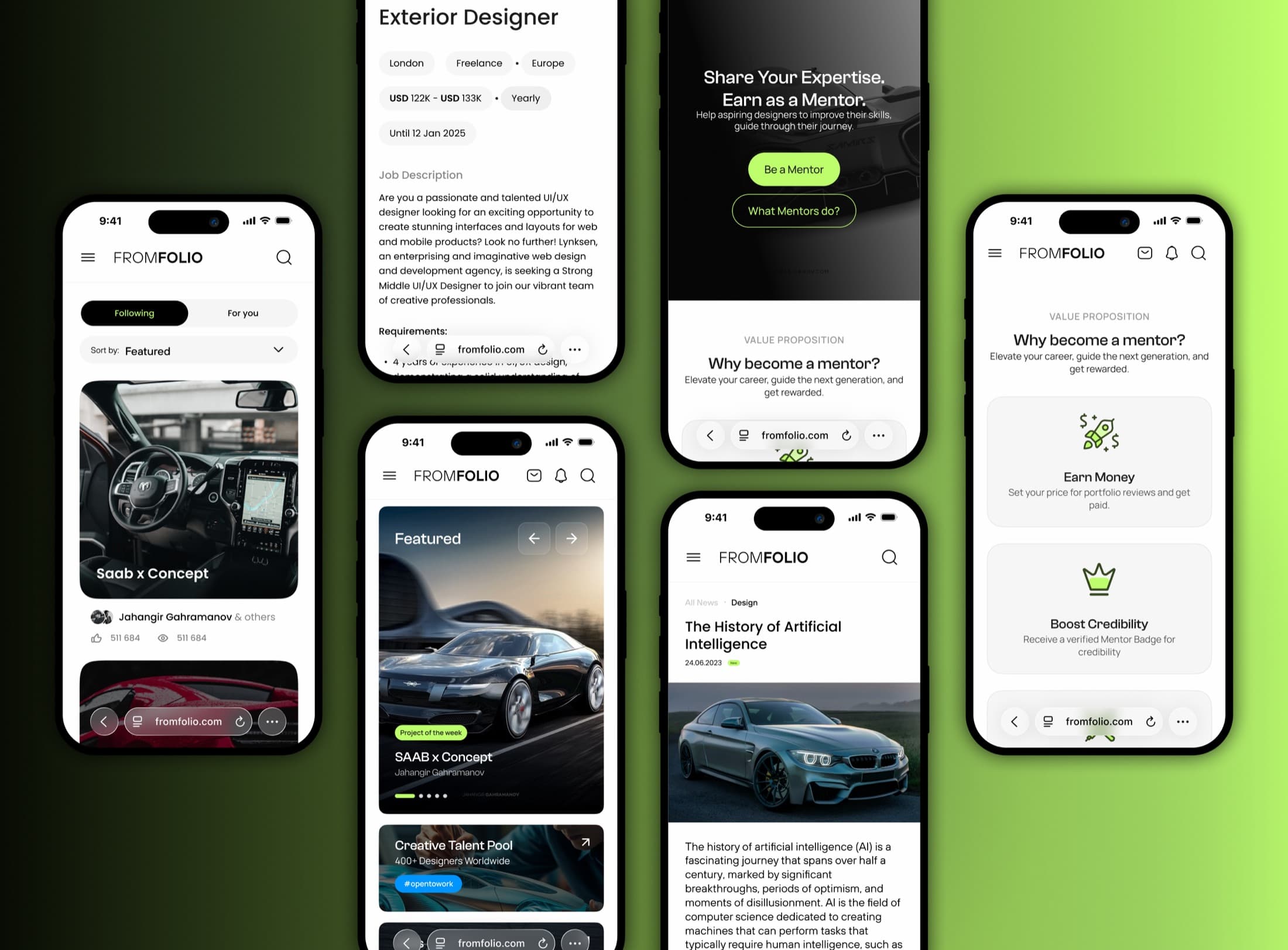 Six iPhone mockups of FROMFOLIO mobile: feed, job listing, mentor benefits and news screens
