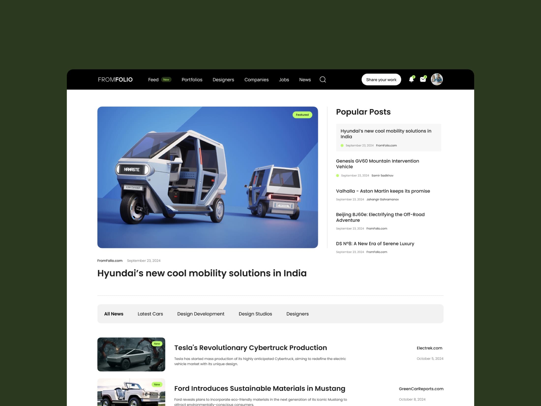 FROMFOLIO desktop news page with a featured concept car article and popular posts sidebar