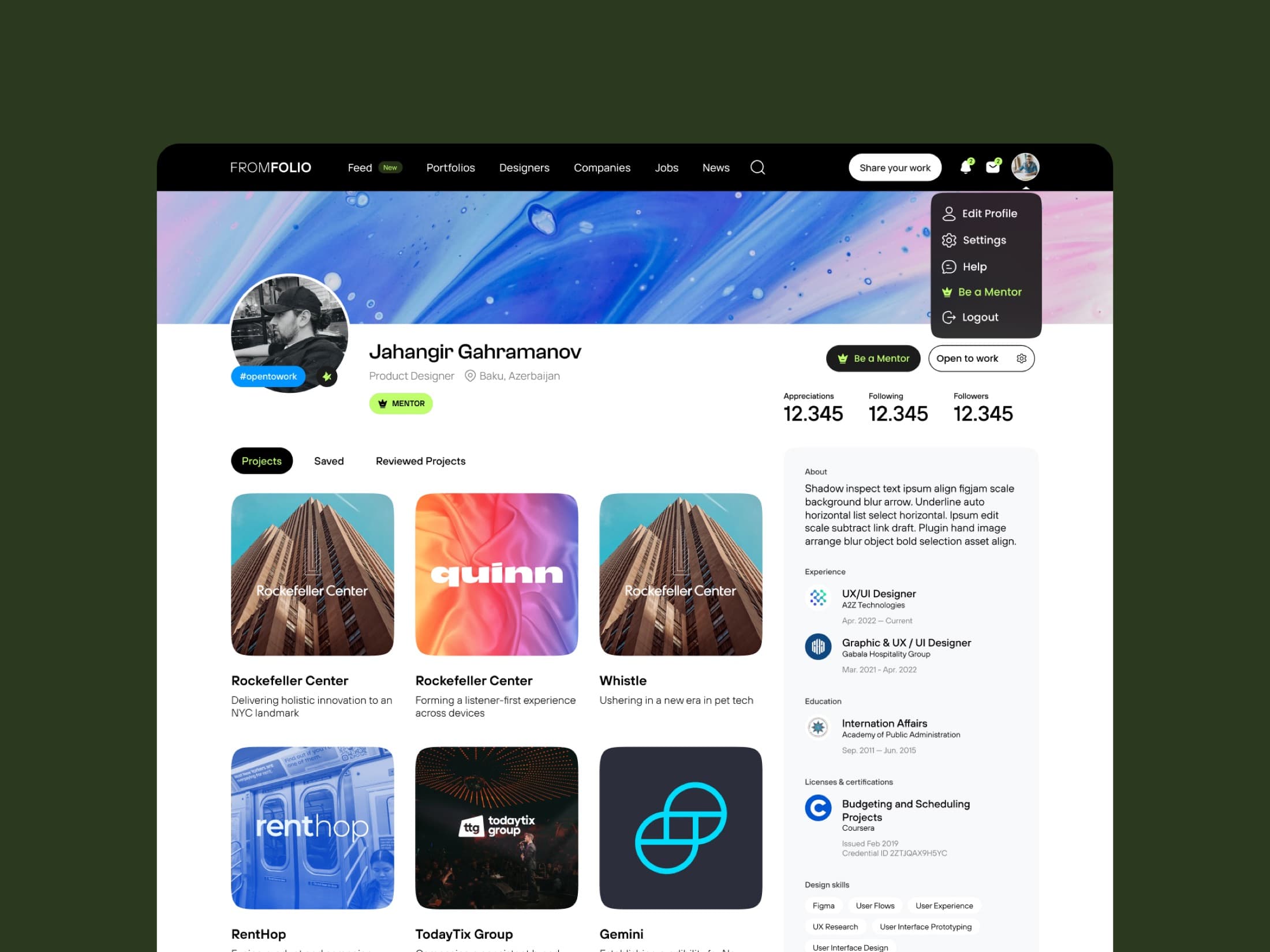 FROMFOLIO designer profile page with project grid, mentor badge and account menu