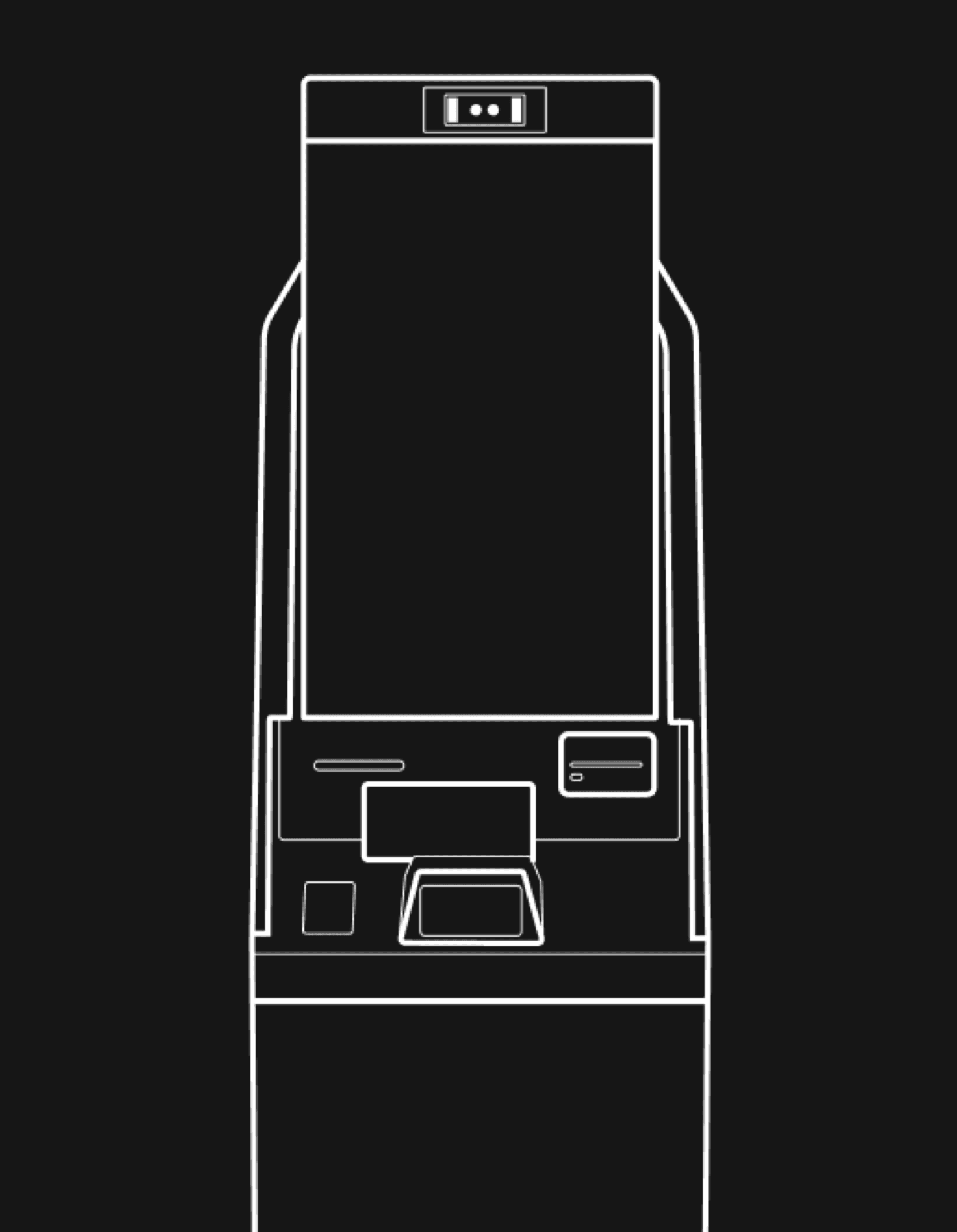 Outline illustration of an ATM kiosk showing screen, card slot, receipt slot and keypad