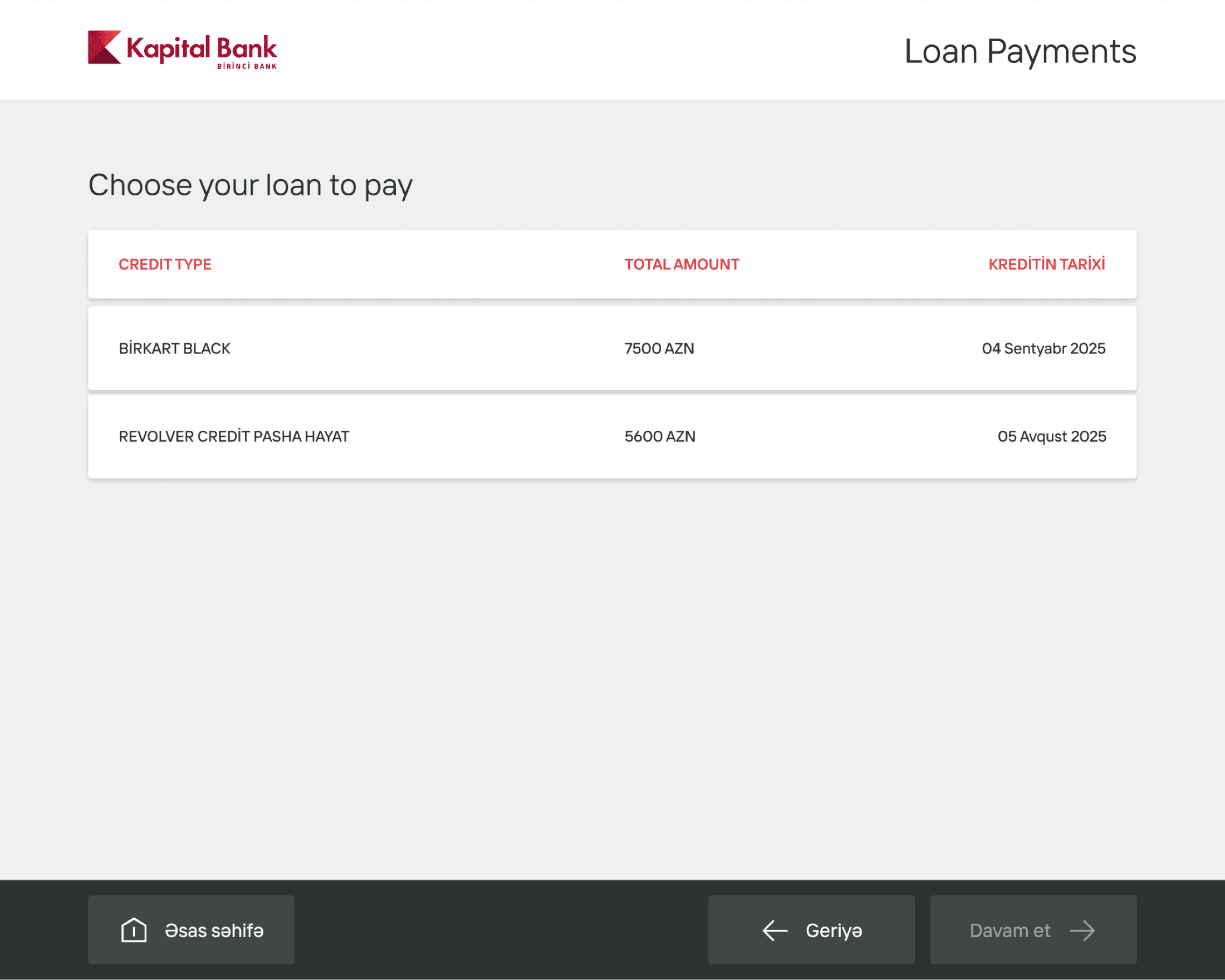 Old terminal loan list screen with a plain text table of two loans and no payment status