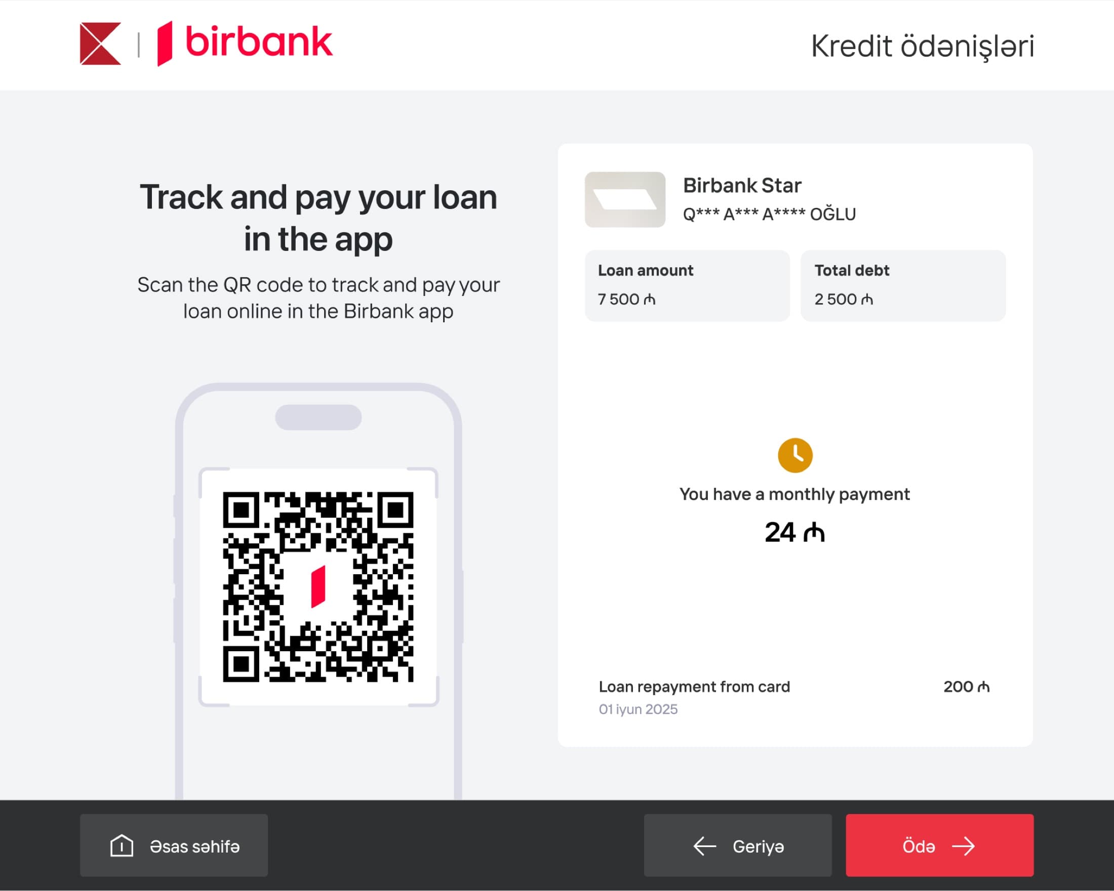 Redesigned terminal screen with an amber monthly payment due status for a Birbank Star loan