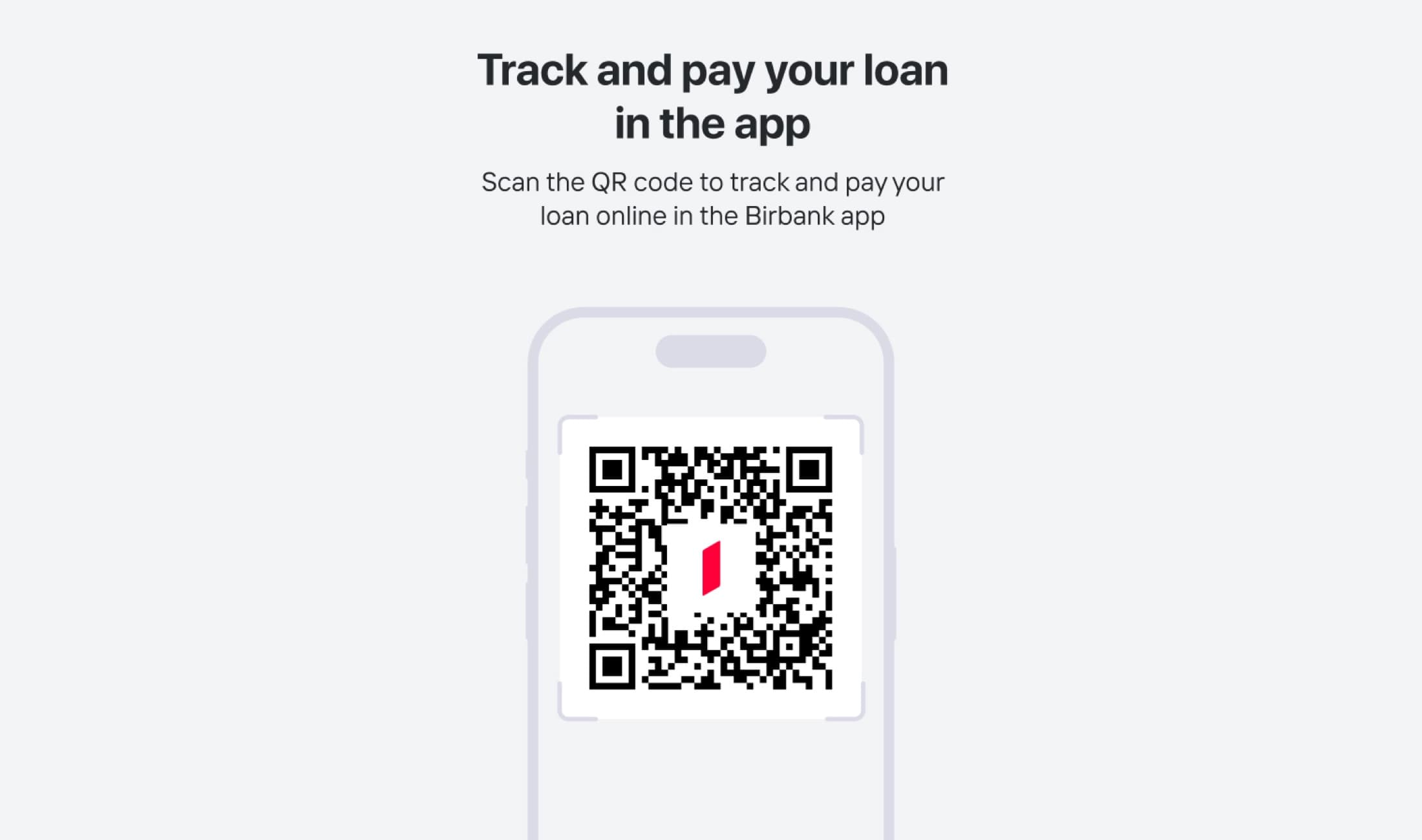 QR code inside a phone outline under the heading Track and pay your loan in the app