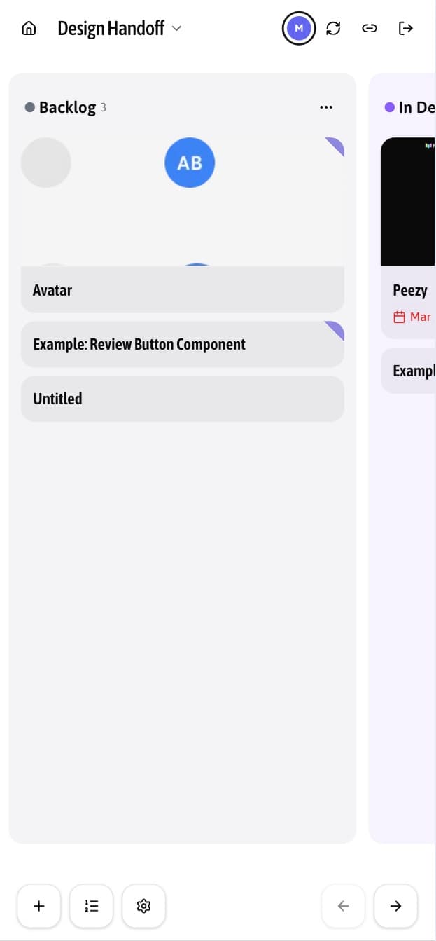 Peezy's board on a phone — the Design Handoff board with a Backlog column of cards and the next column peeking at the edge