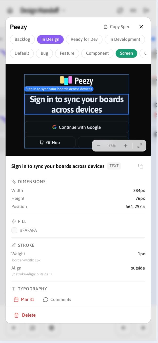 A Peezy card open on a phone as a bottom sheet — the design preview above a full spec: dimensions, fill, stroke and typography for the selected text layer, with Copy Spec at the top