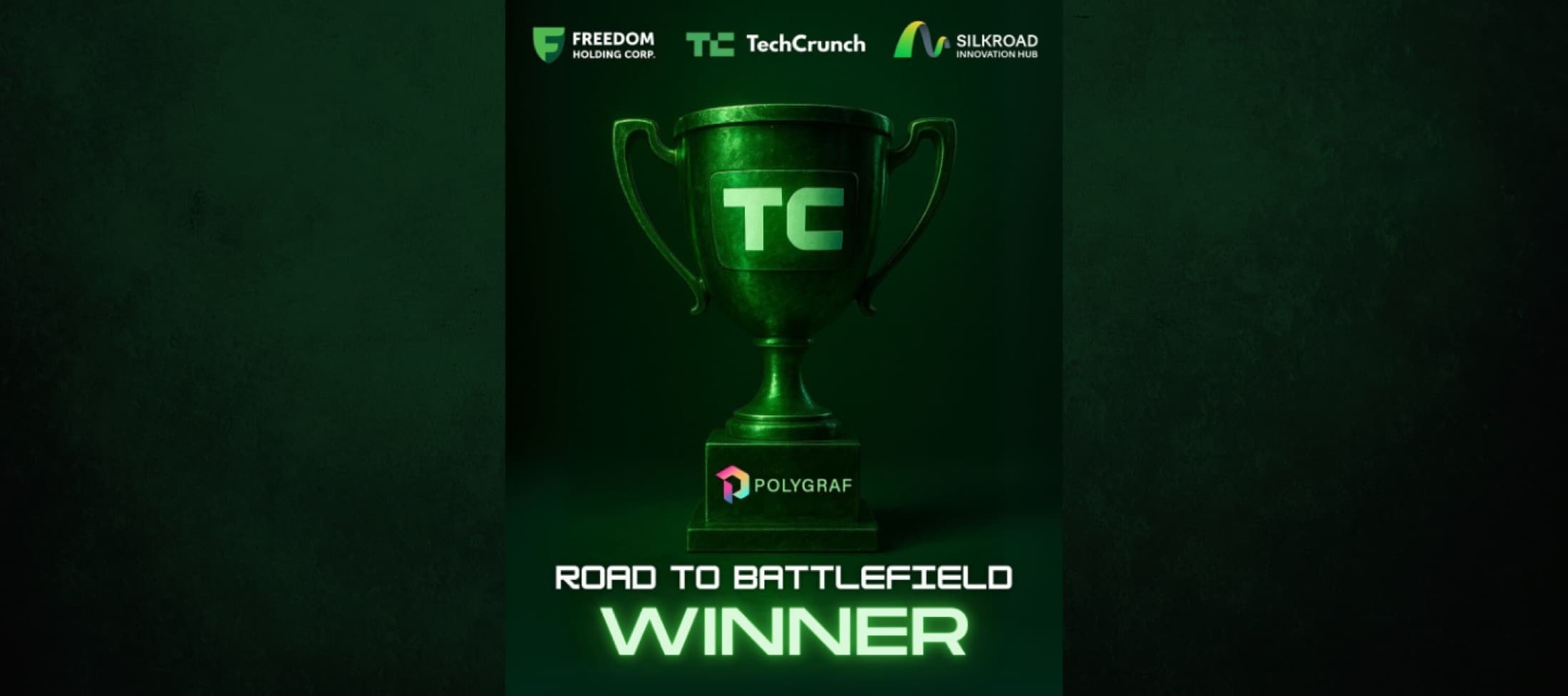 TechCrunch Road to Battlefield winner card with trophy and Polygraf logo