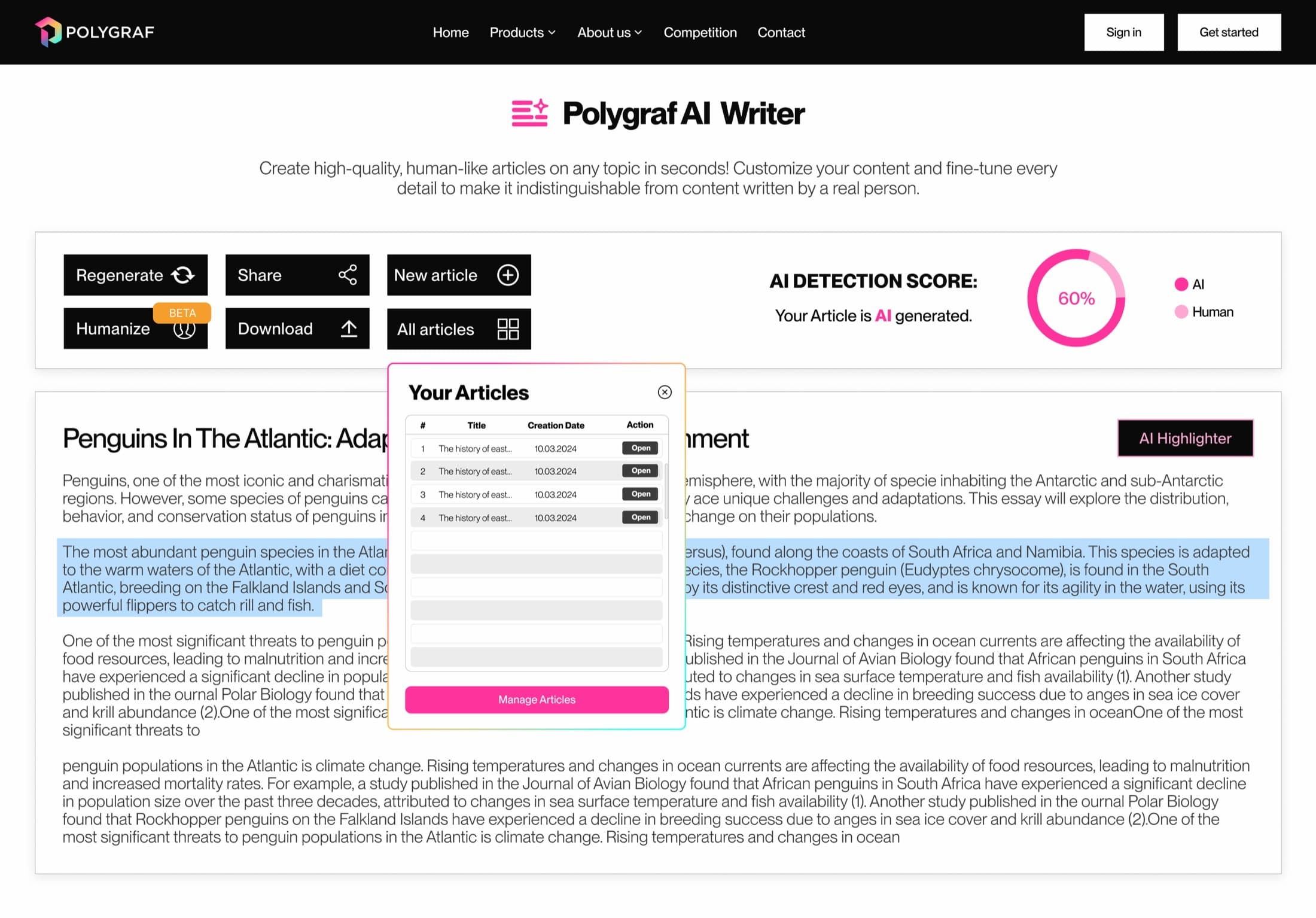 Old Polygraf AI Writer: a desktop editor with an AI-detection score dial and an articles list modal