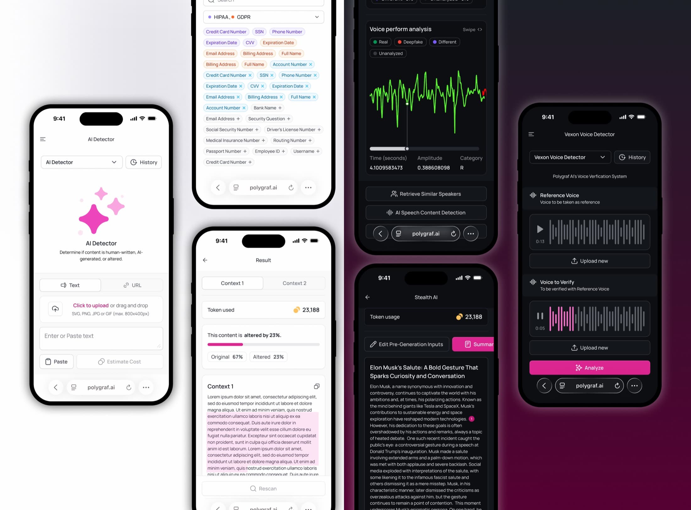 Five iPhone mockups of Polygraf mobile screens in dark theme: AI Detector, PII tags, results, voice detector, Stealth AI