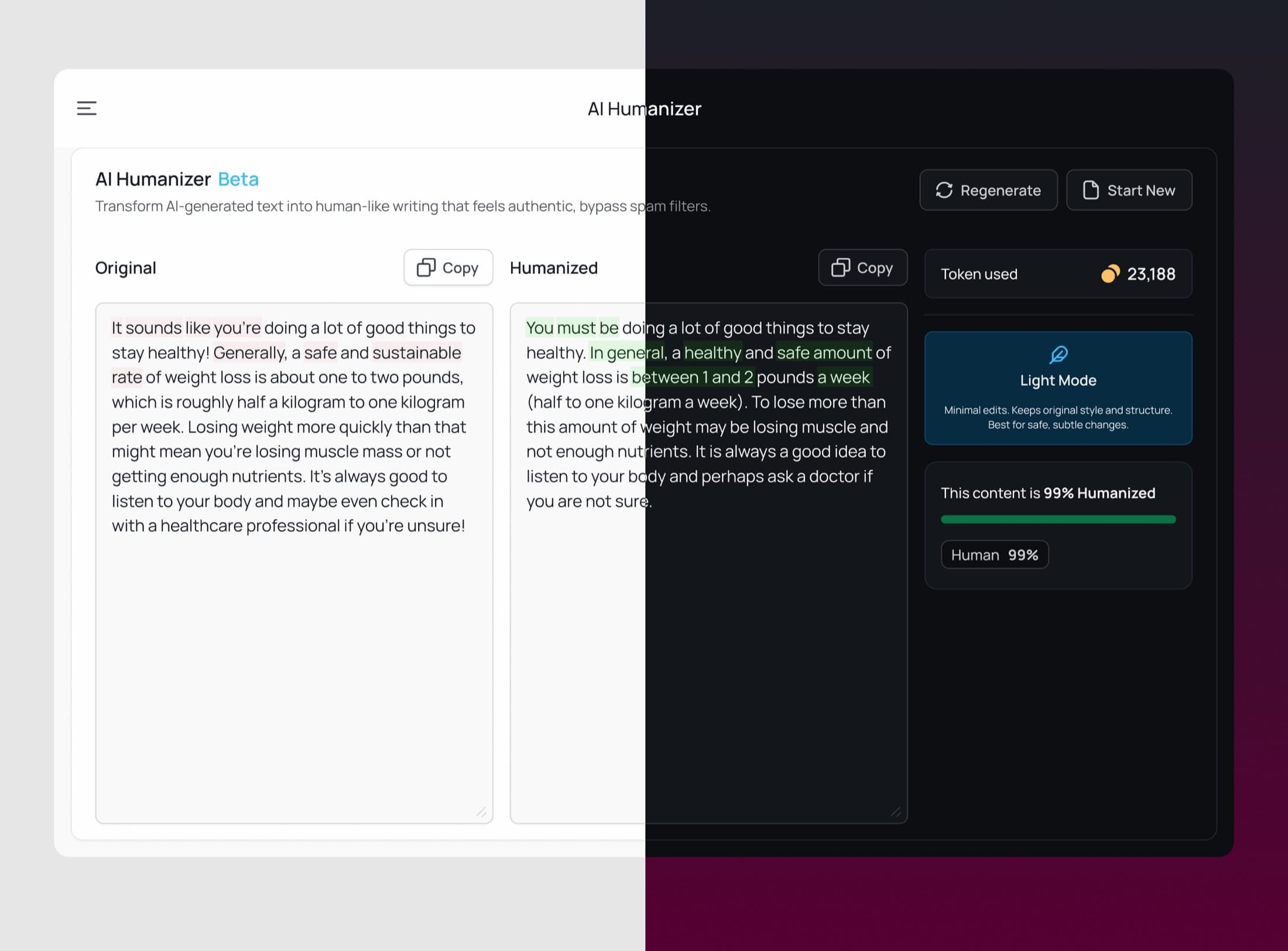 AI Humanizer screen comparing original and humanized text in split light and dark themes