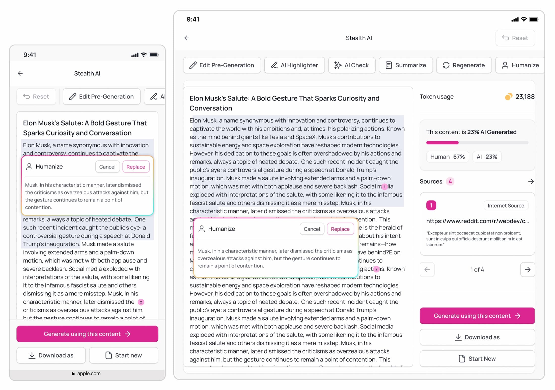 Stealth AI screens on mobile and tablet showing a humanize suggestion popover and cited sources