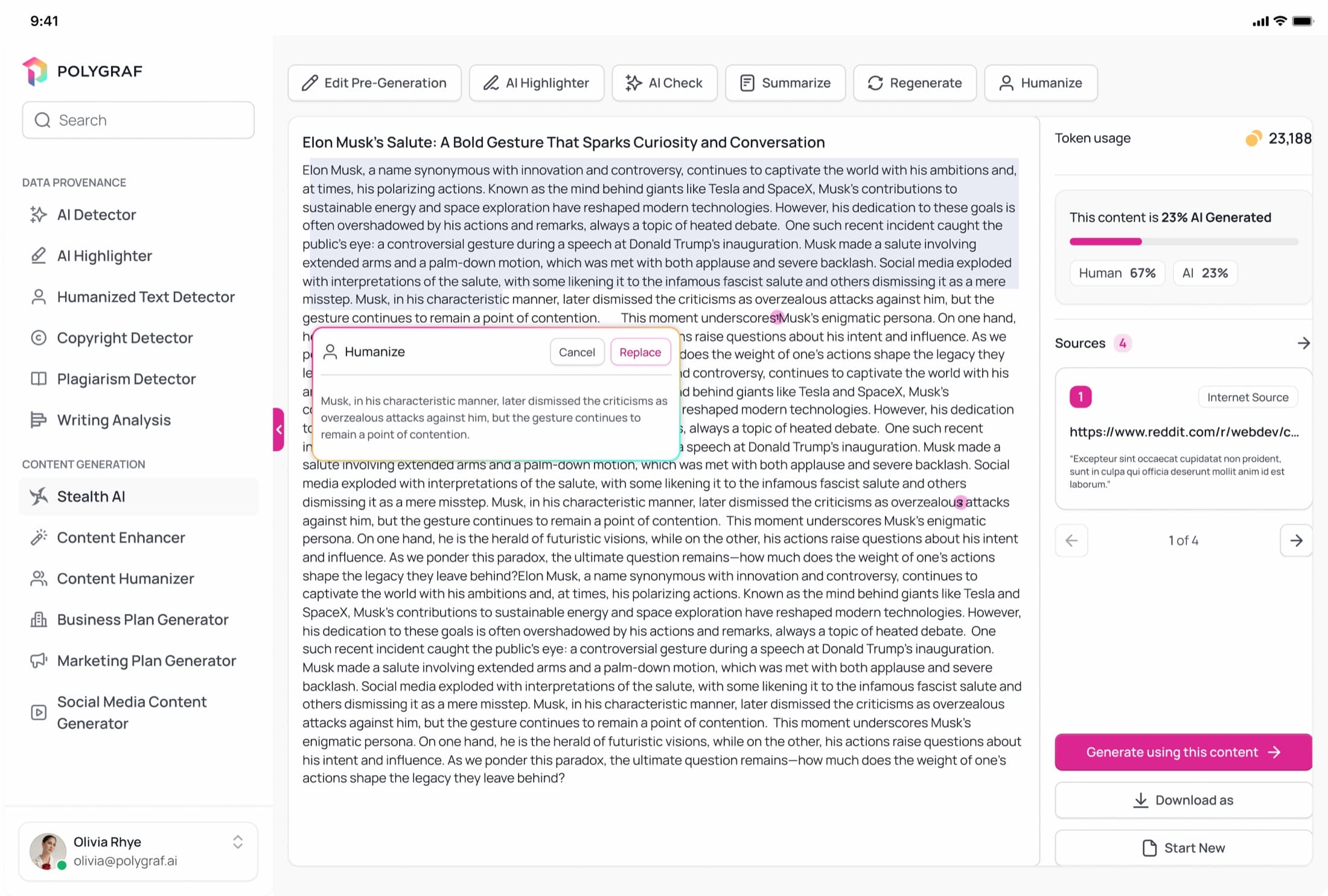 Full app layout with tool sidebar, Stealth AI article editor and sources panel