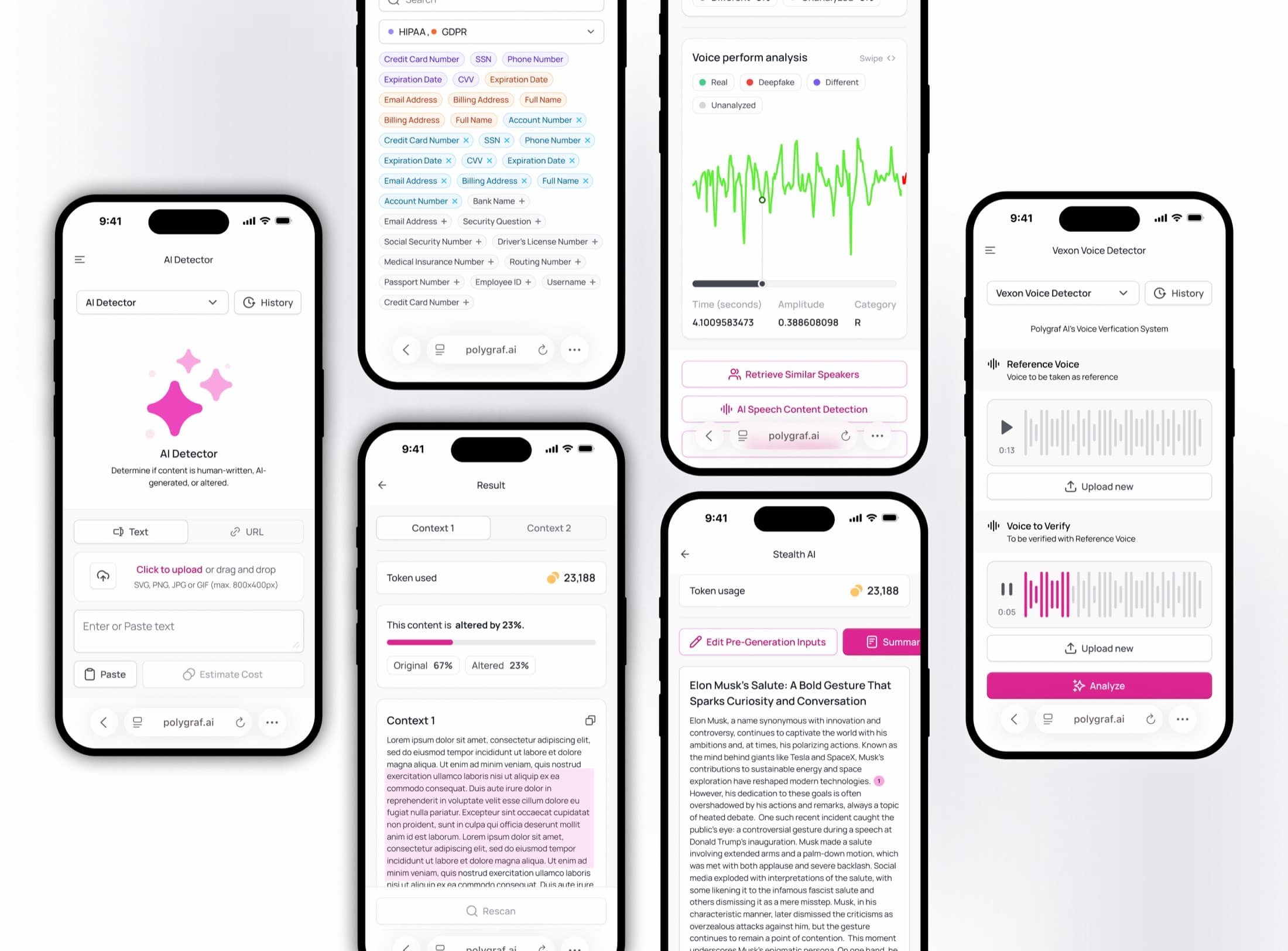 Five iPhone mockups of Polygraf mobile screens in light theme: AI Detector, PII tags, results, voice analysis, Stealth AI