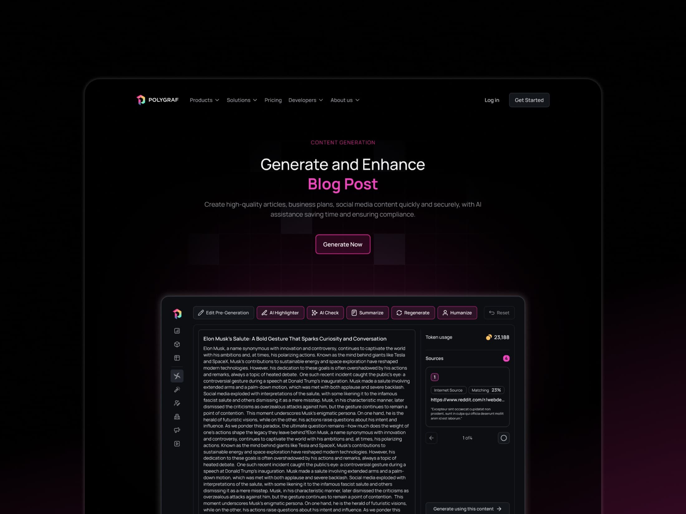 Polygraf content generation landing page shown on a dark desktop mockup