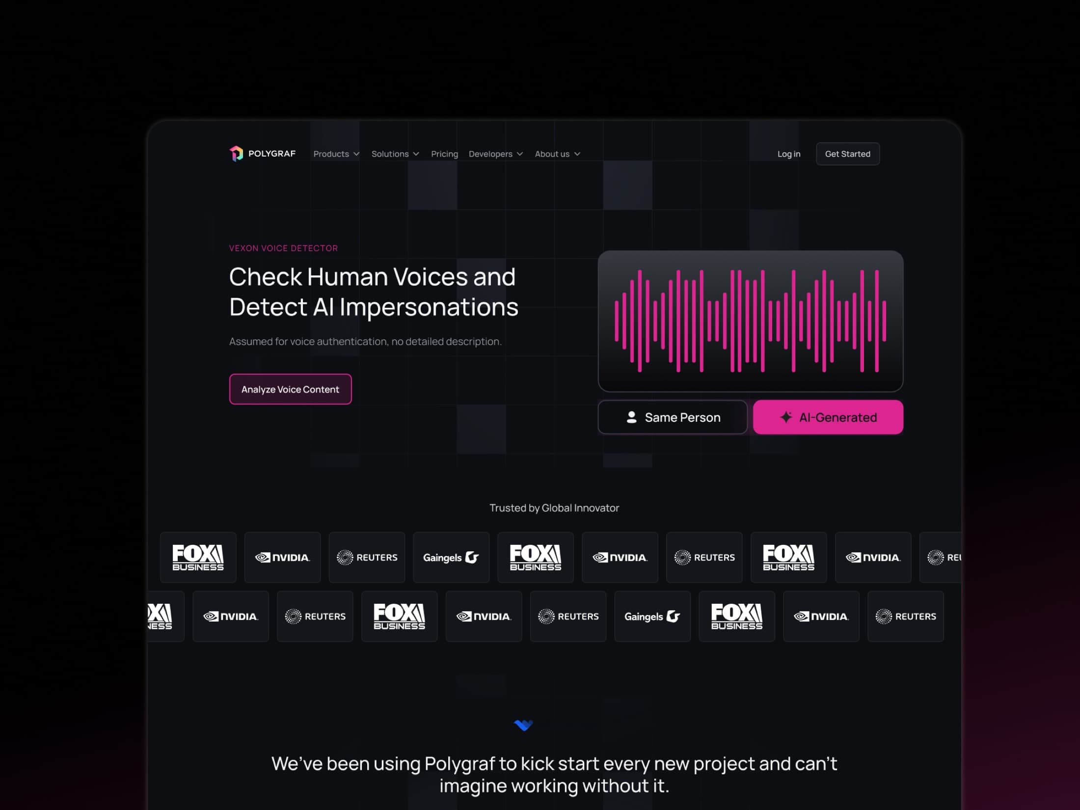 Polygraf Vexon voice detector landing page with audio waveform and logo wall