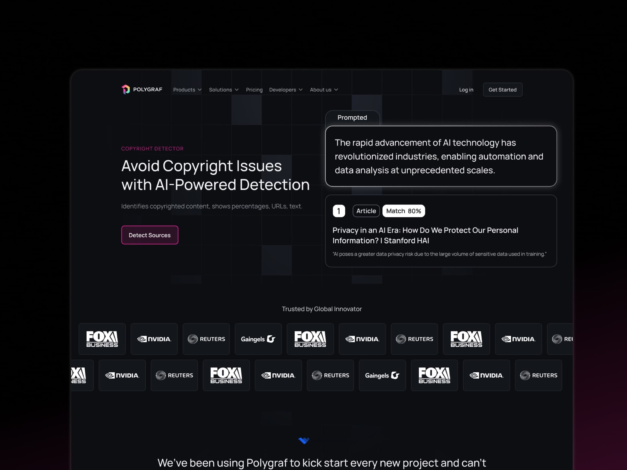 Polygraf copyright detector landing page showing a prompt and matched source card