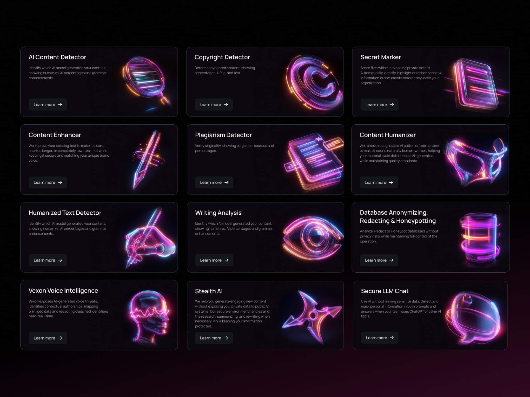 Grid of twelve Polygraf product cards with neon 3D icons on a dark background