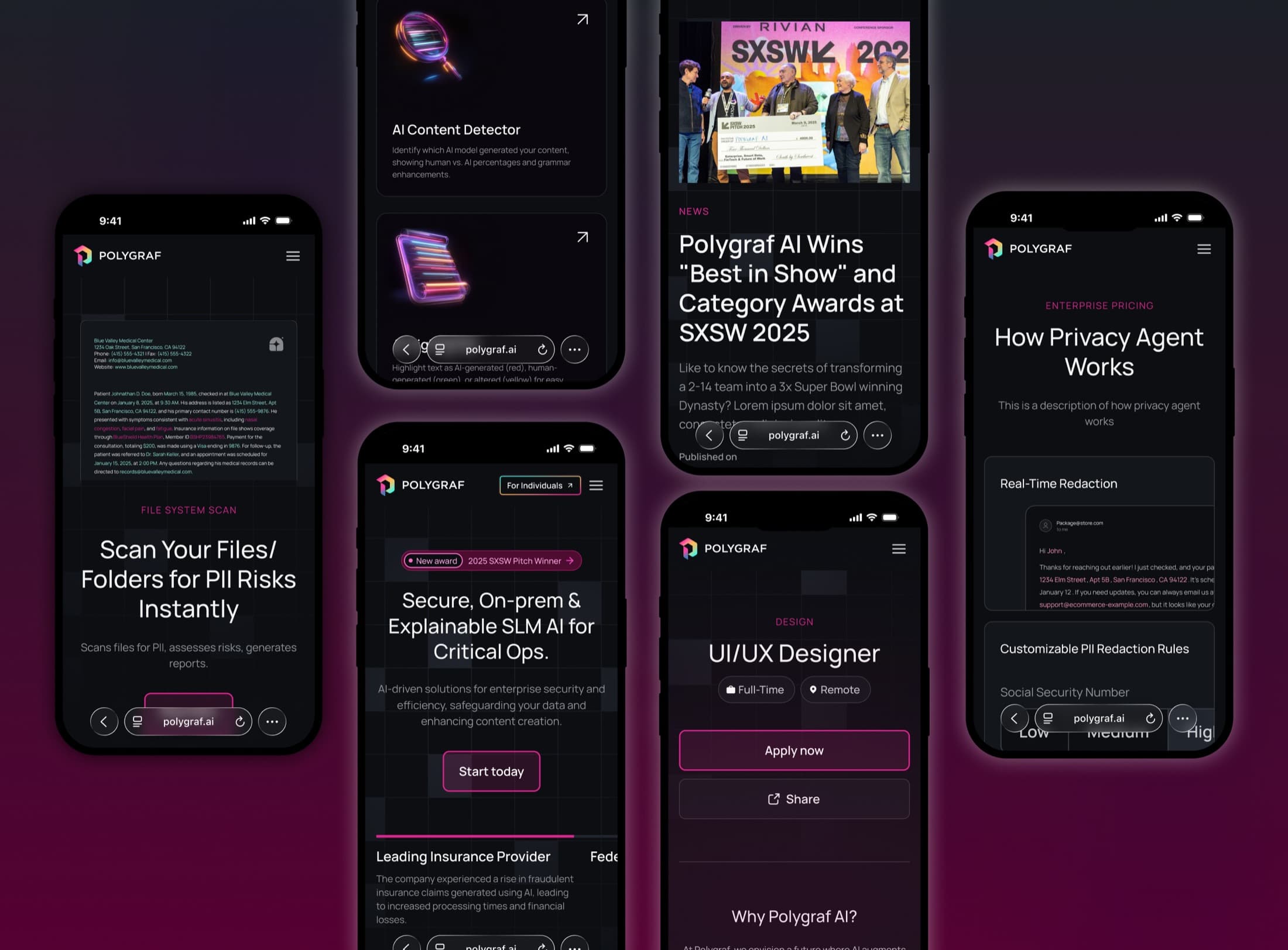 Composite of six iPhone mockups showing Polygraf mobile pages on a magenta gradient