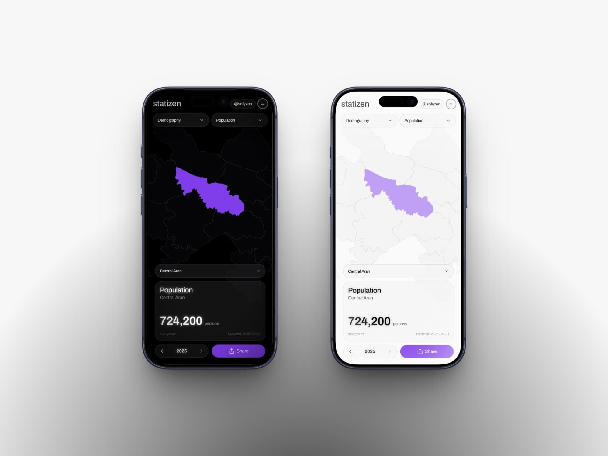 The same view on two phones side by side — dark theme on the left, light on the right, both showing Central Aran's population